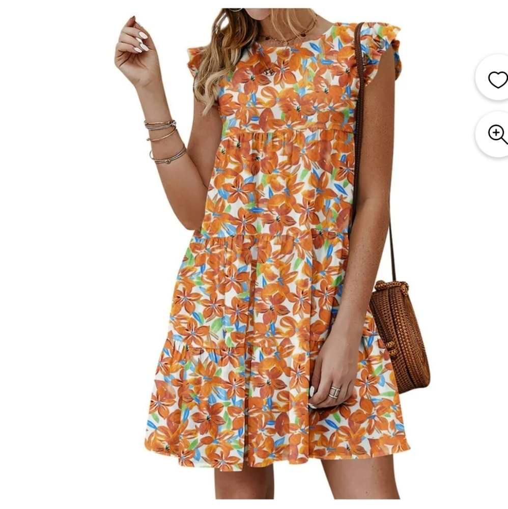 KIRUNDO Women's Floral Print Crew Neck Flutter Sleeve Pleated Mini Dress Summer